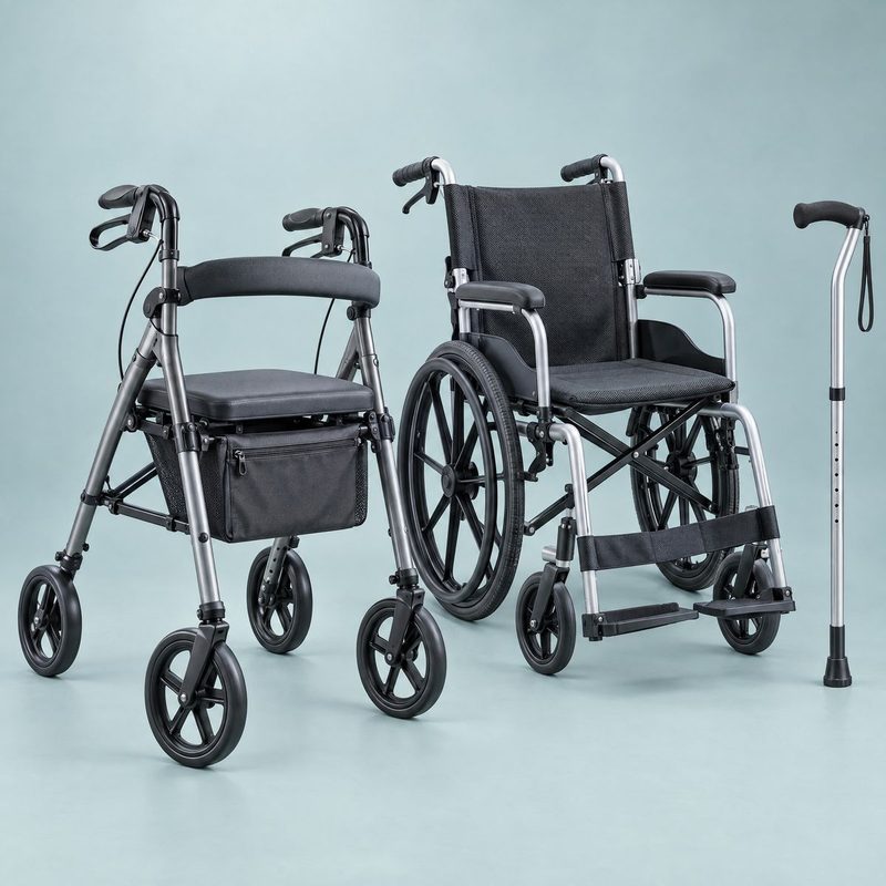 A rollator walker, folding wheelchair and cane ready to ship