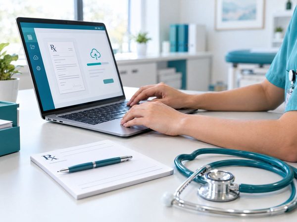 Hands uploading a prescription on a laptop