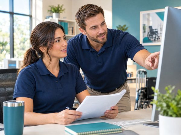 Two supplier staff reviewing referral documents on a monitor