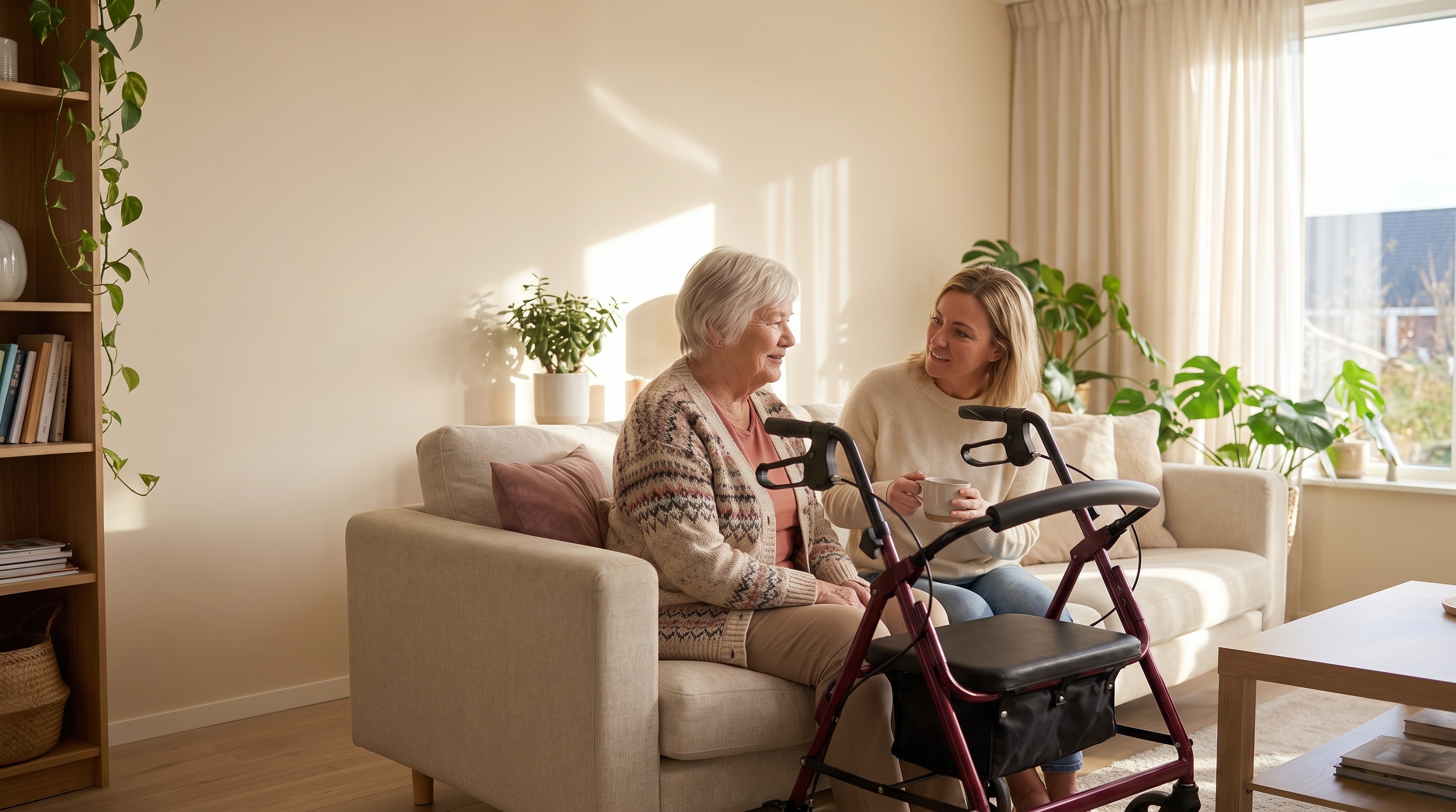 A senior with her rollator at home, talking with a family member
